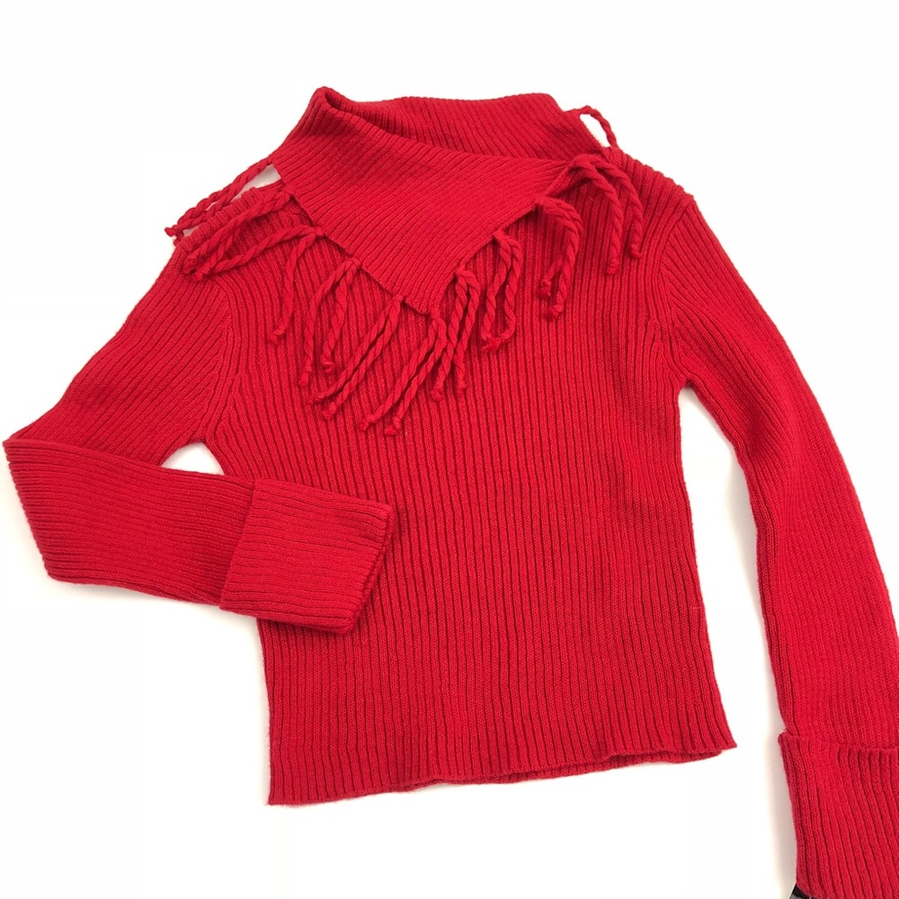 BCX Ribbed Sweater Asymmetrical Fringe Collar